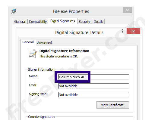 Screenshot of the Columbitech AB certificate